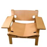 Chaise espagnole modèle BM2226 en chêne et cuir naturel végétal patiné par Børge Mogensen