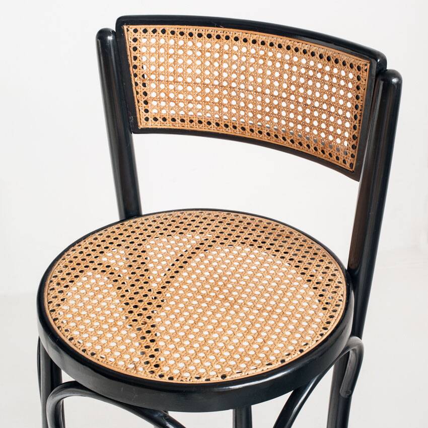 Set of 4 vintage high stools. Beech wood and cane. France, 90s