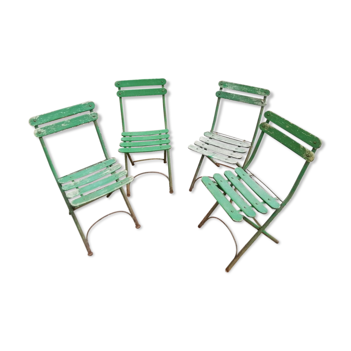 4 old iron and wood garden folding chairs