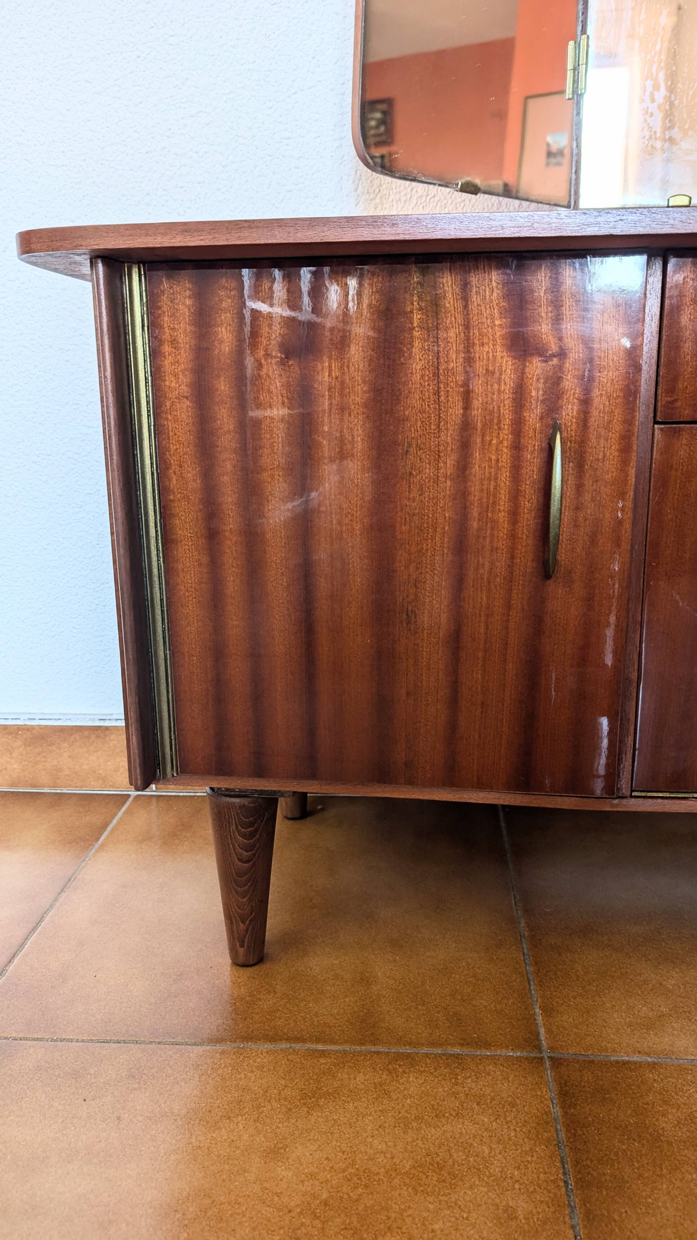 Vintage 70s dressing table with triptych mirror and matching bench.