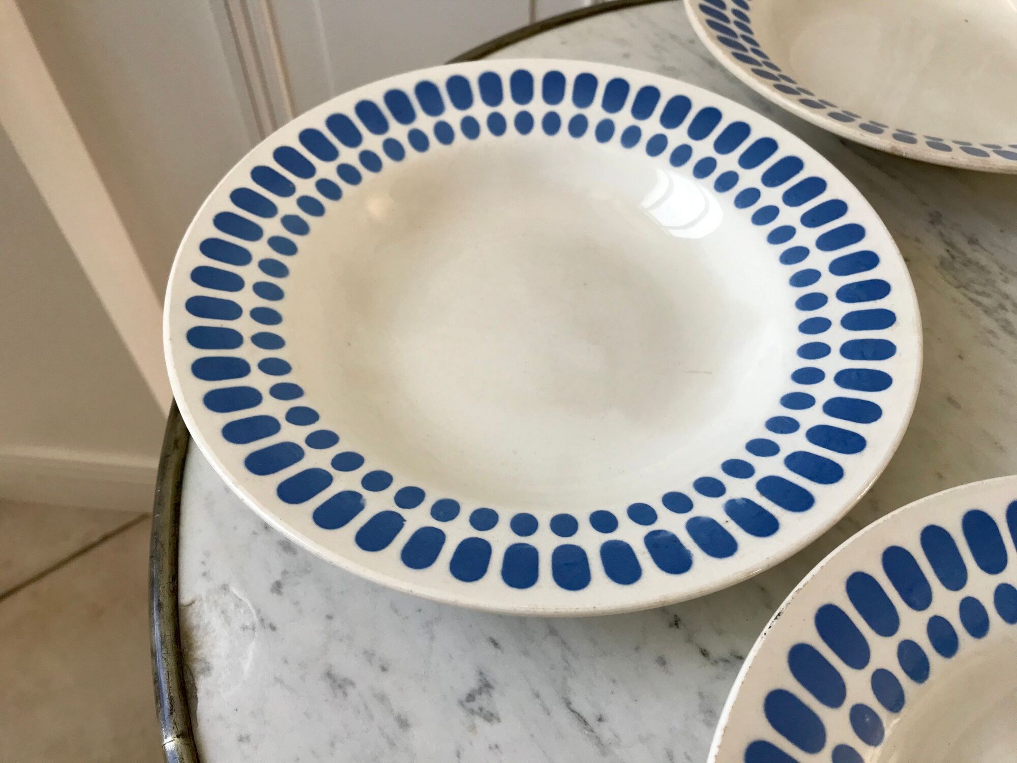 Set of 4 hollow plates Digoin Sarreguemines blue model "Tartan" 40s