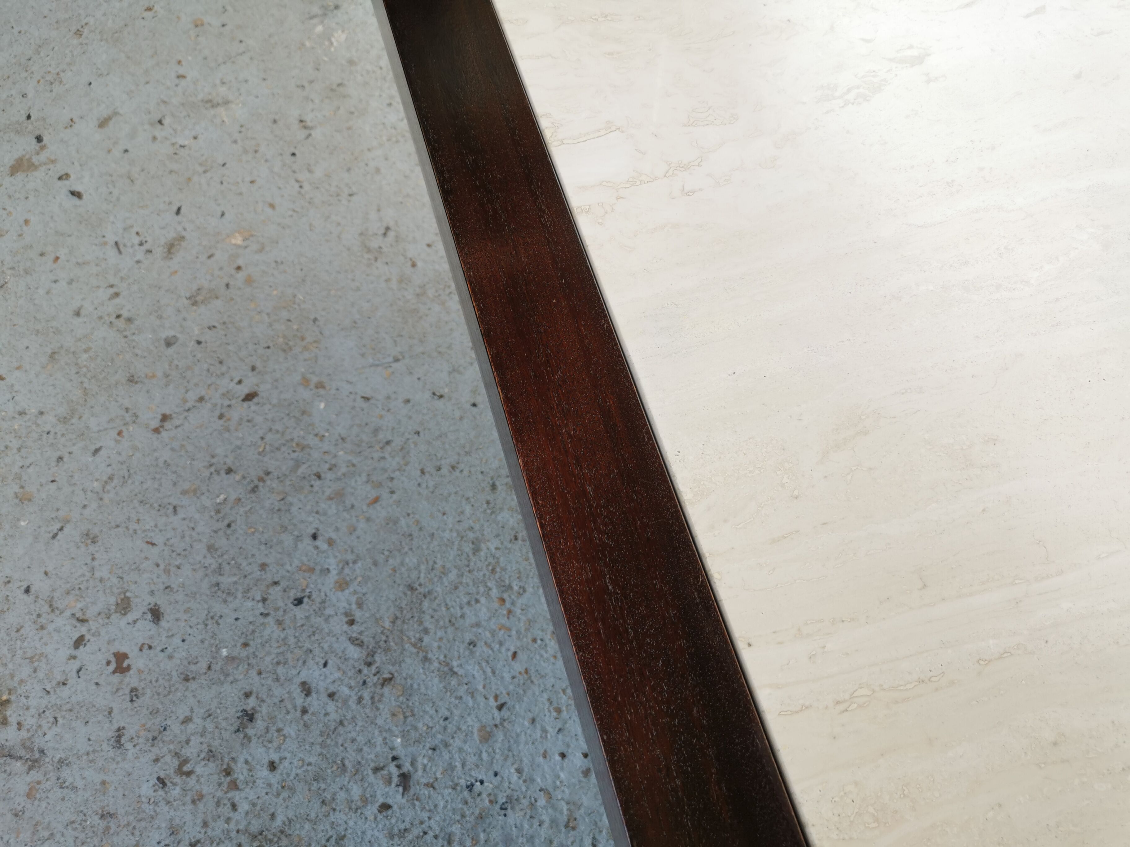 Table basse vintage travertin et bois design 1970