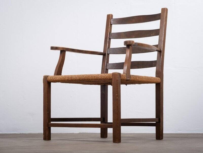 Danish Stained Oak Armchair with Cane and Spindle Back, 1940s