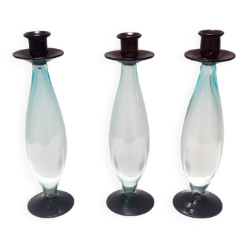 3 bougeoirs en verre de Murano aigue-marine et marron, Italie
