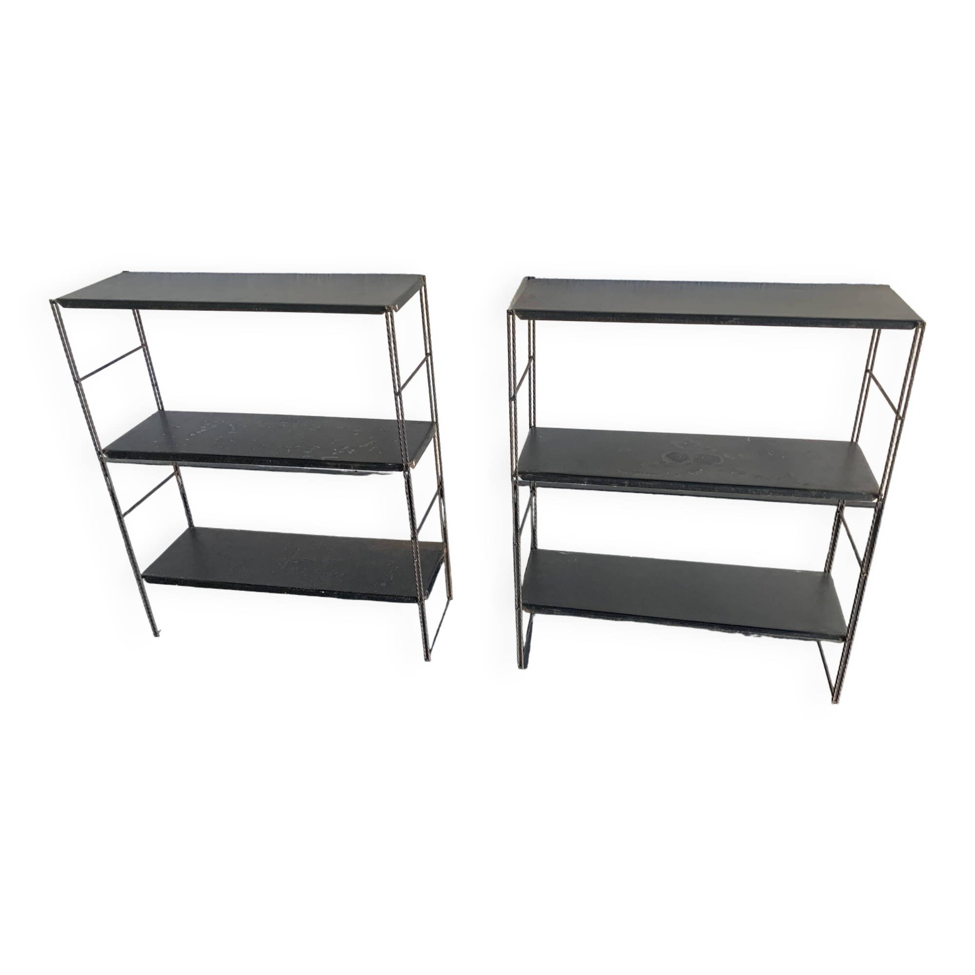 Pair of vintage 1960s black string shelves - 49 x 58 cm