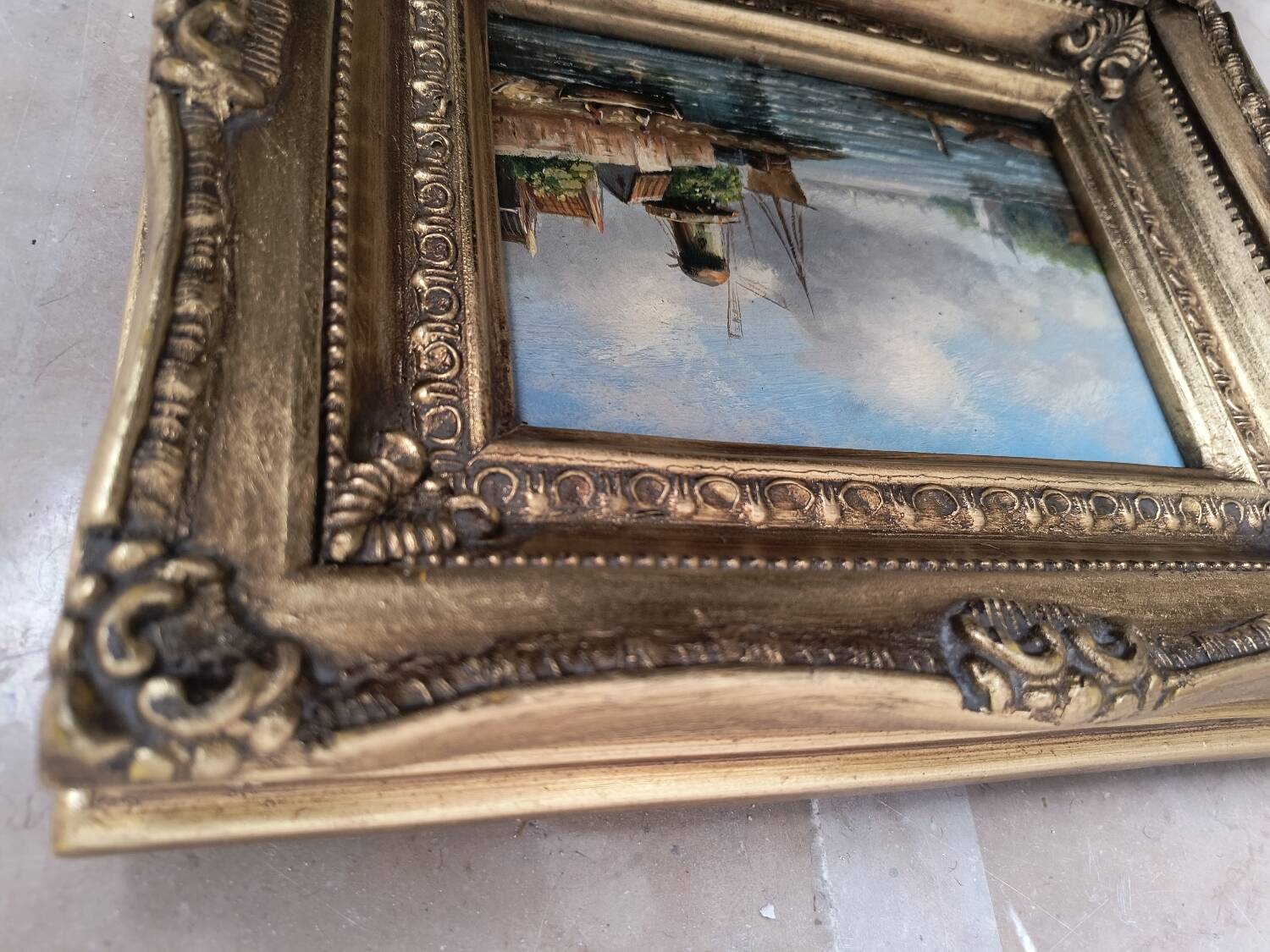 Oil on canvas, Dutch harbour landscape - Very ornate wooden frame