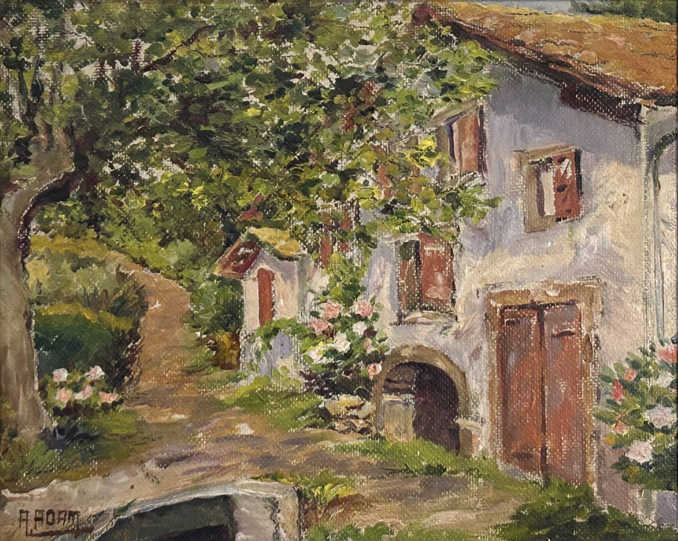 Oil on panel View of a villa in the South of France signed A. Adam circa 19
