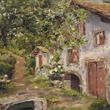Oil on panel View of a villa in the South of France signed A. Adam circa 19
