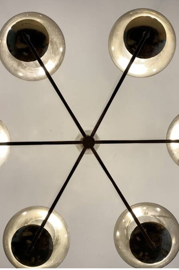 Italian brass chandelier with 6 grey smoked glass globes