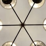 Italian brass chandelier with 6 grey smoked glass globes
