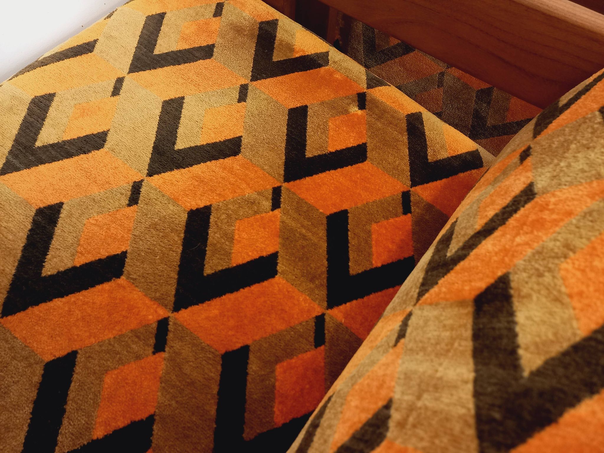 Pair of vintage walnut and velvet fabric sleigh armchairs from the 70s