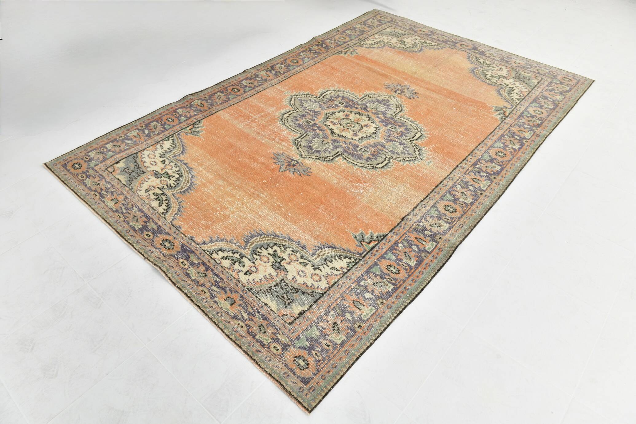 6x9 Antique Vintage Orange & Greeb Turkish Rug, 182x286Cm
