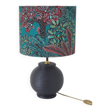 Lampe vintage, pied noir et abat-jour motif jardin tropical