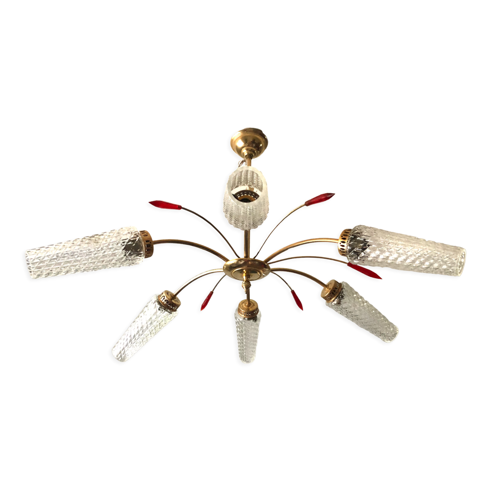 Golden brass chandelier 6 tulips red diamond tips 1950