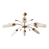 Lustre laiton doré 6 tulipes pointes de diamant rouge 1950