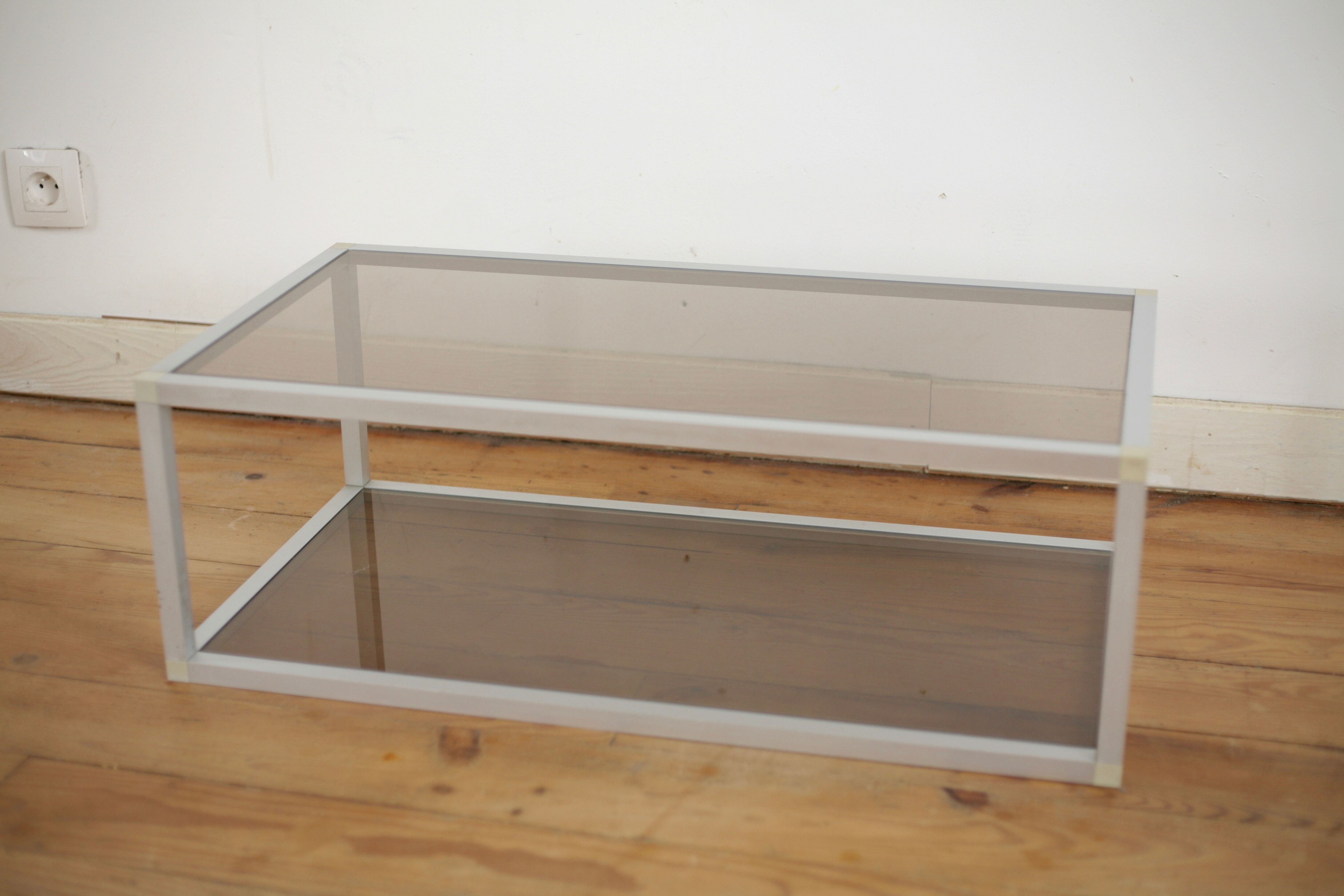 Aluminium coffee table and smoked glasses, France, circa 1980