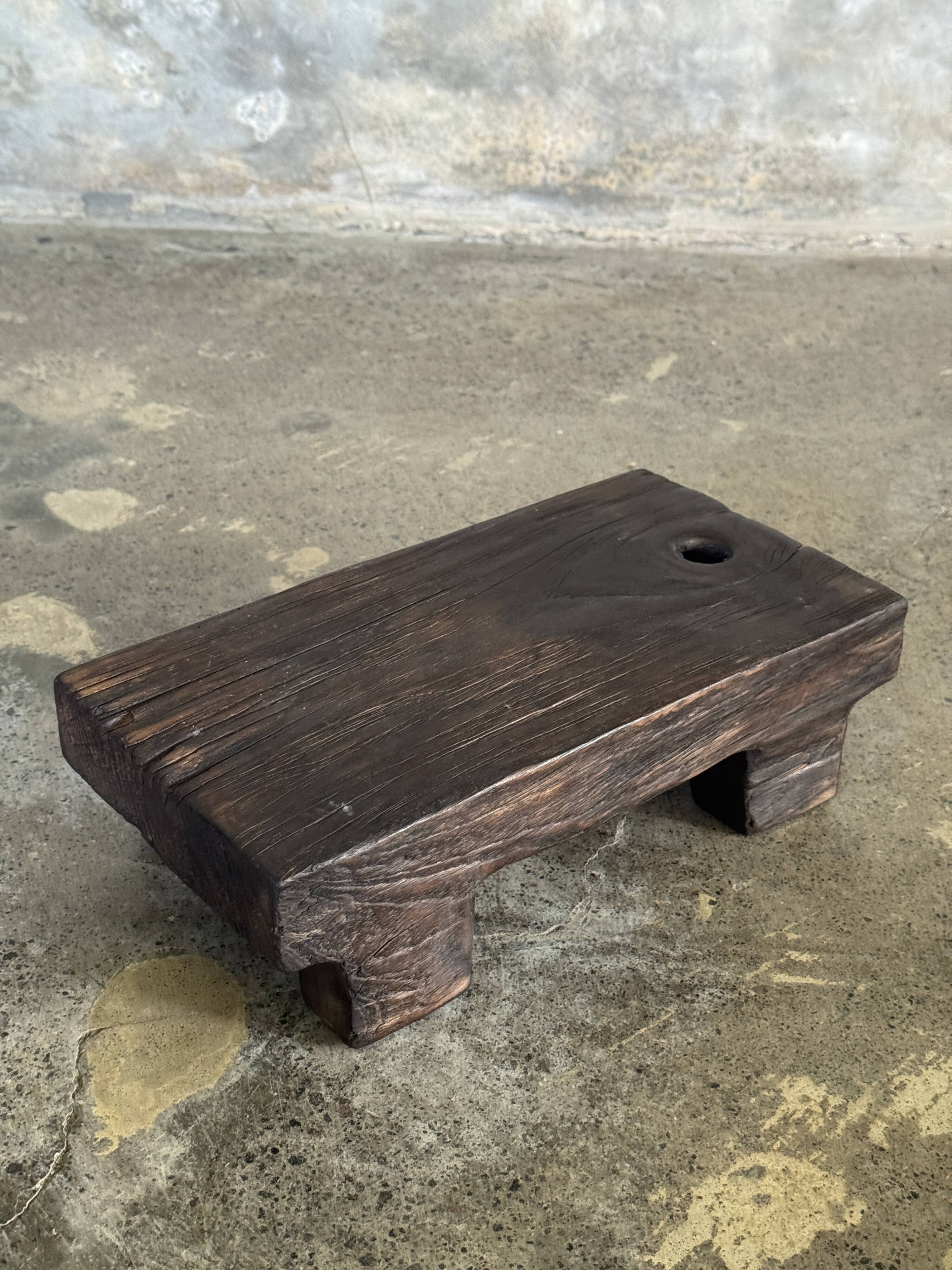 Small stool, black solid teak accent stool wabi-sabi L30 W8.5 H6.