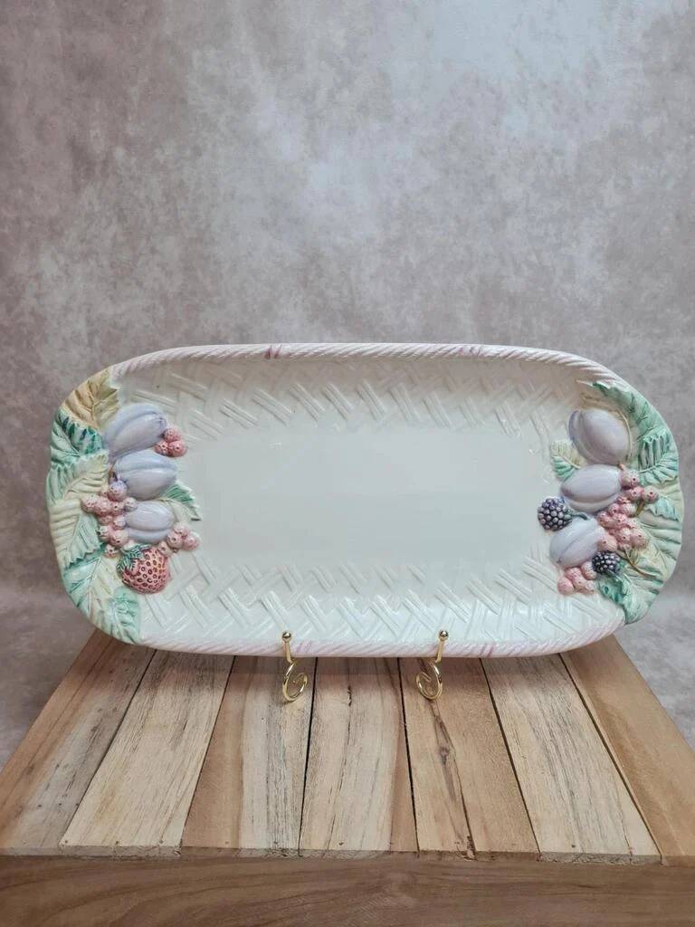 Rectangular plate in slipware decorated with fruits – signed Pw – 40 cm