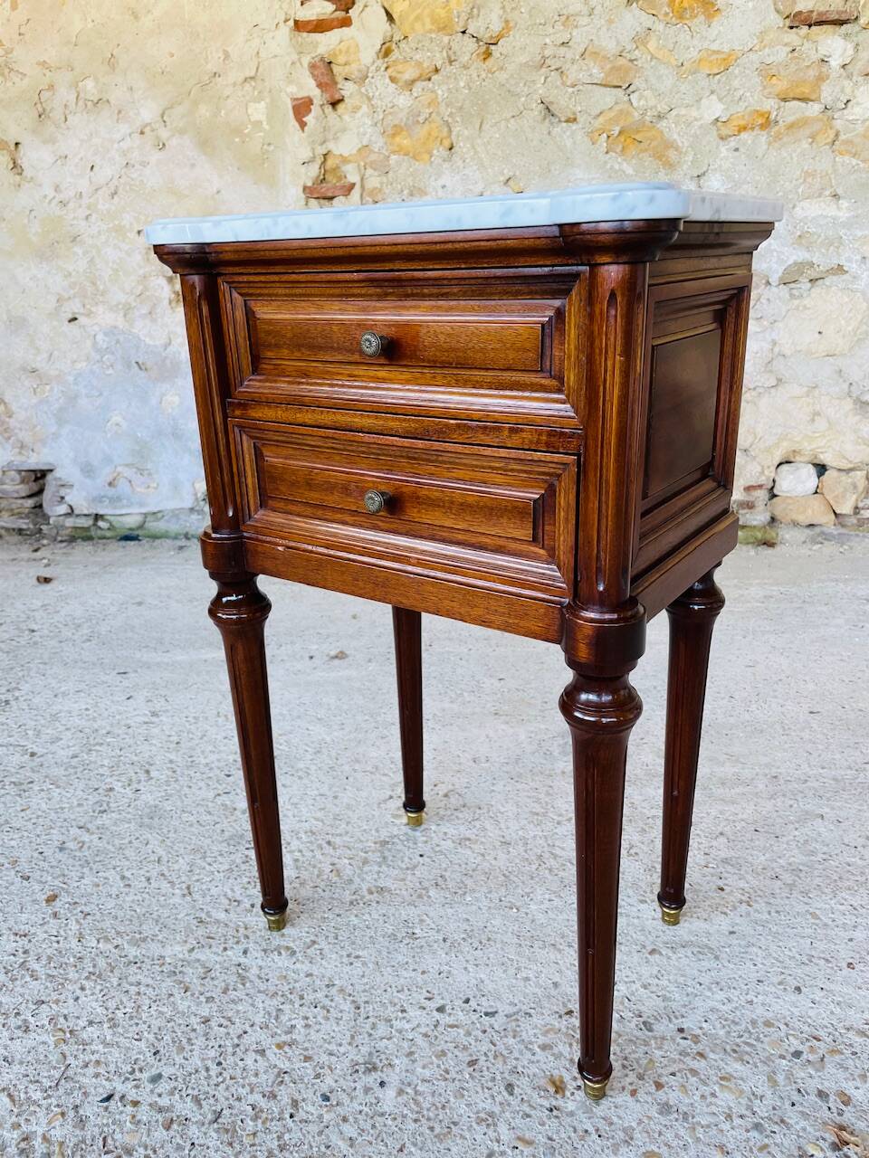 Louis XVI style bedside table, Carrara marble and mahogany