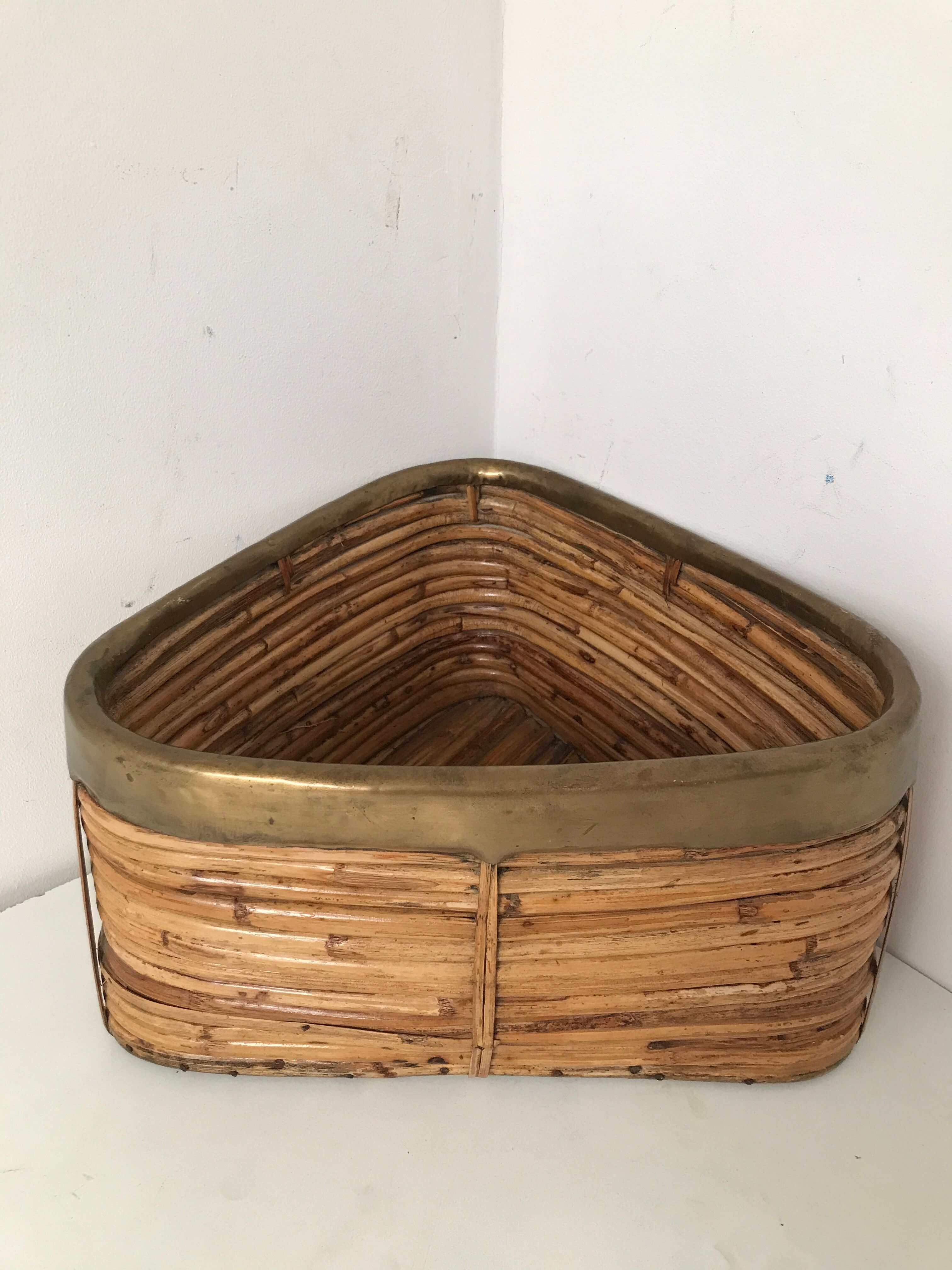 Vintage rattan basket with brass edge 1970