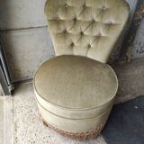 Green velvet toad armchair with vintage fringes