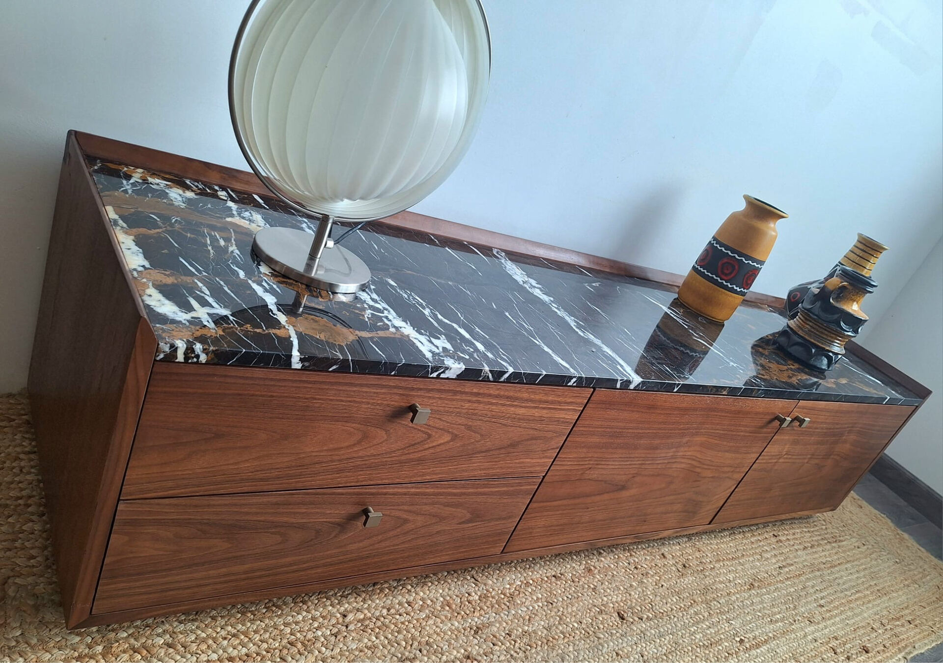 AMPM Noham TV unit, walnut sideboard with amber marble.