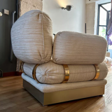 Pair of armchairs by Thibier in brass and wool France 1978