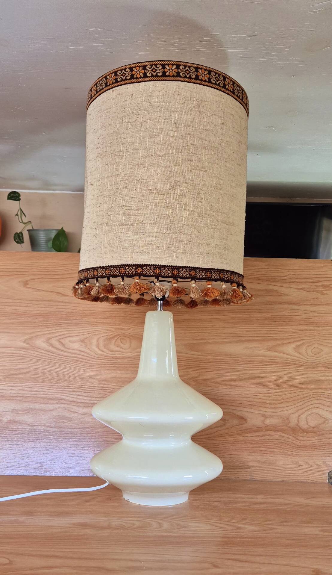 Large vintage 1970s tinted glass lamp with shade.