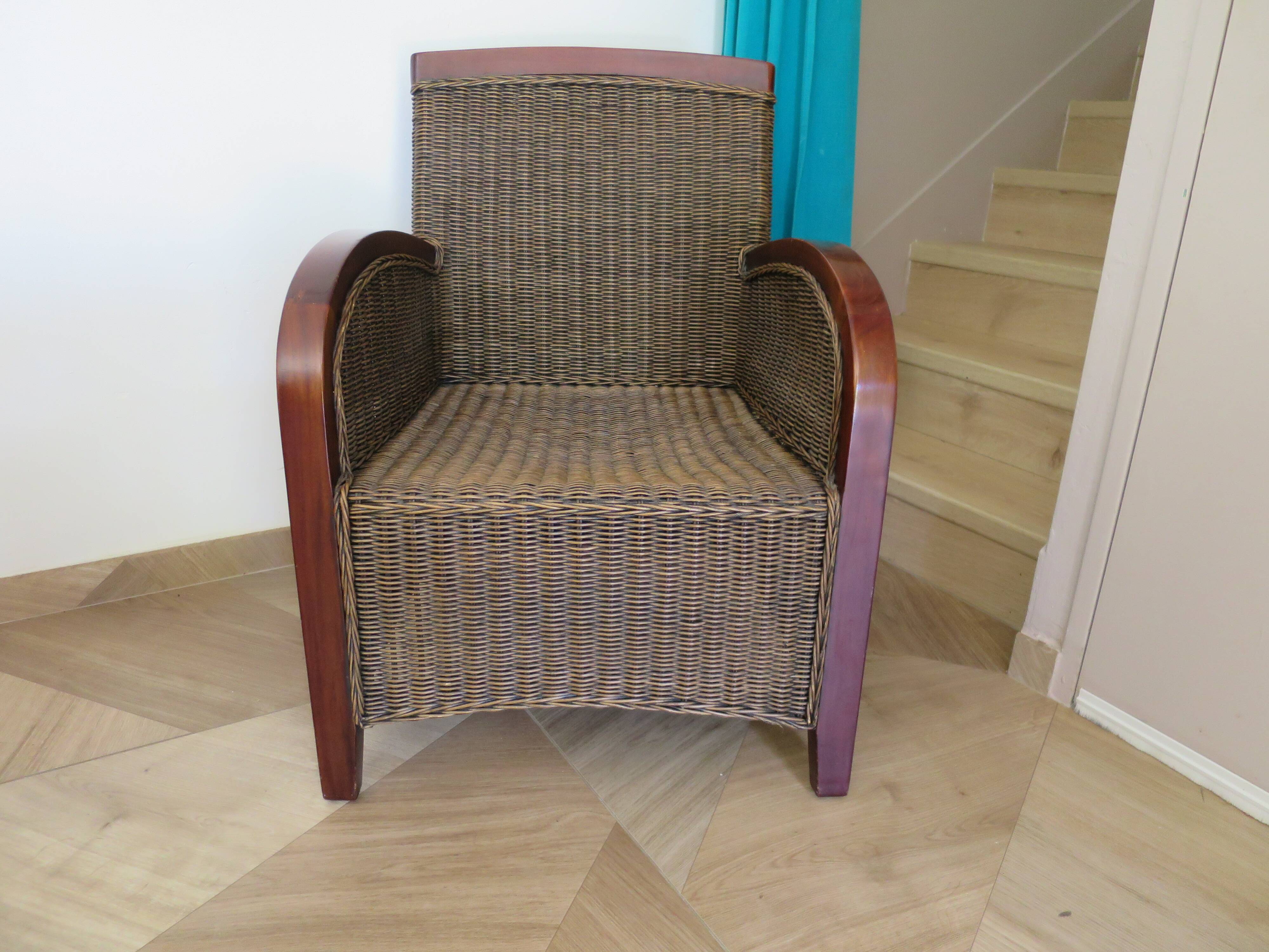 2 armchairs in woven rattan and wood, 1980s
