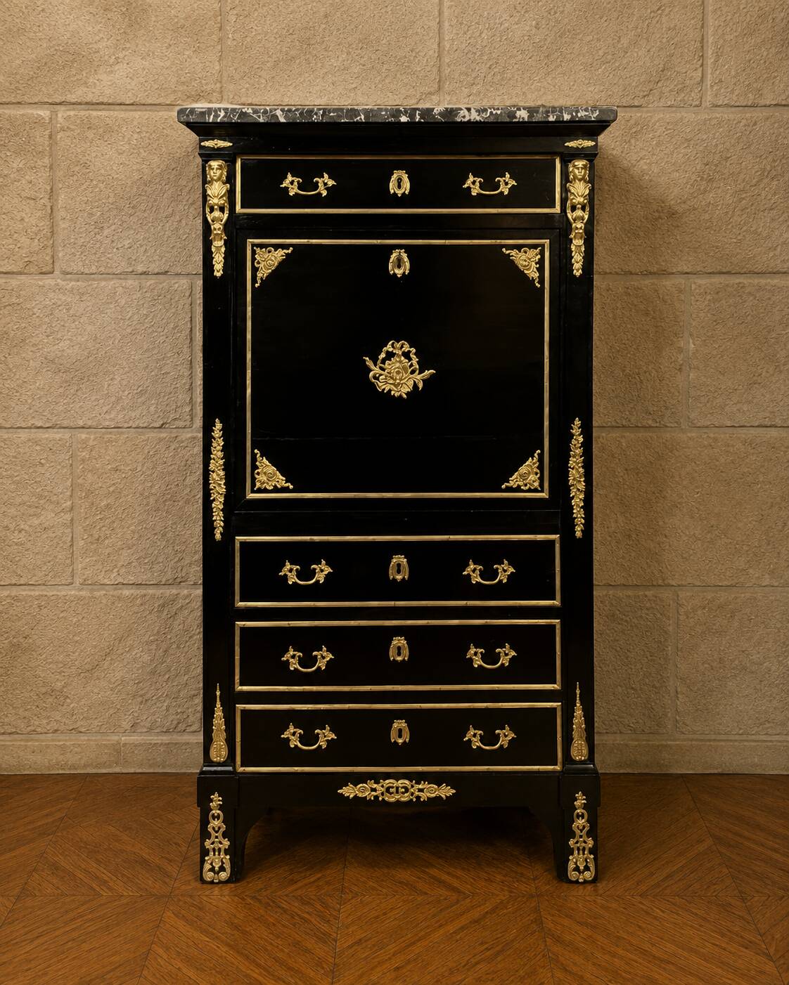 Secretary with a black lacquered drop-leaf and gilded bronzes – Boulle style
