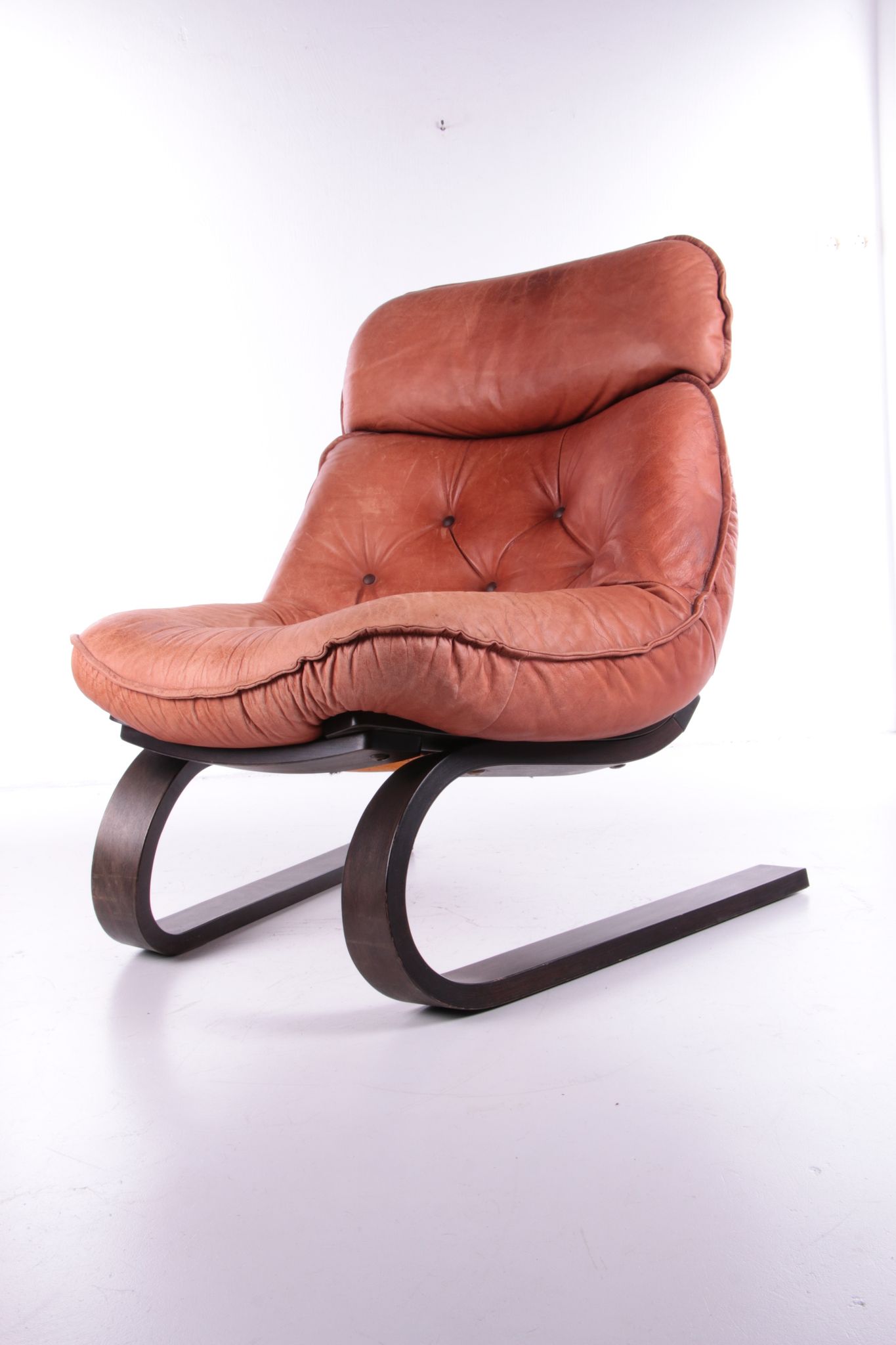 Vintage Brazilian Armchair with Cognac color leather seat cushion, 70s