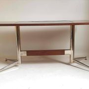 Vintage coffee table from the 1950s in mahogany and metal, with a tabletop width of 110 cm.