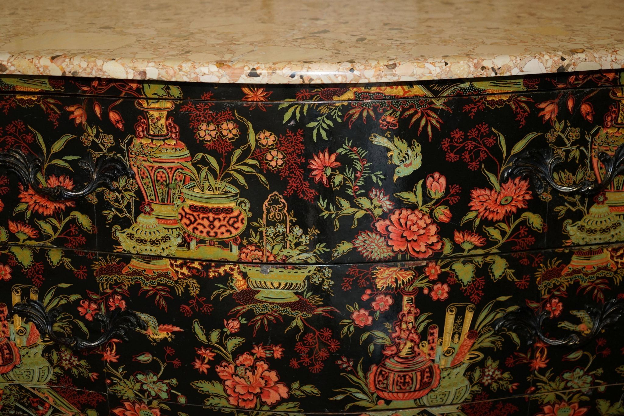 Antique Chinoiserie Commode Hand-Painted with Marble Top