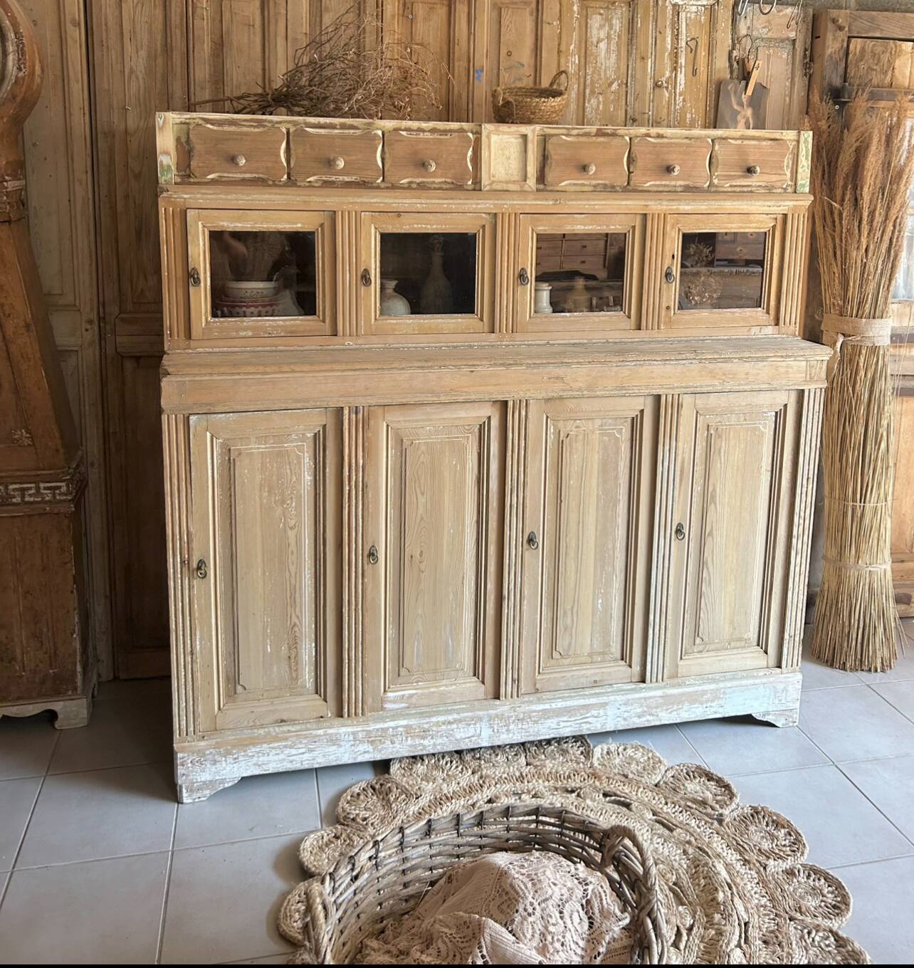Old wooden grocery store cabinet, display cases and drawers