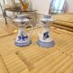 2 bougeoirs vintage en faïence bleue de Delft à anses - décor moulin