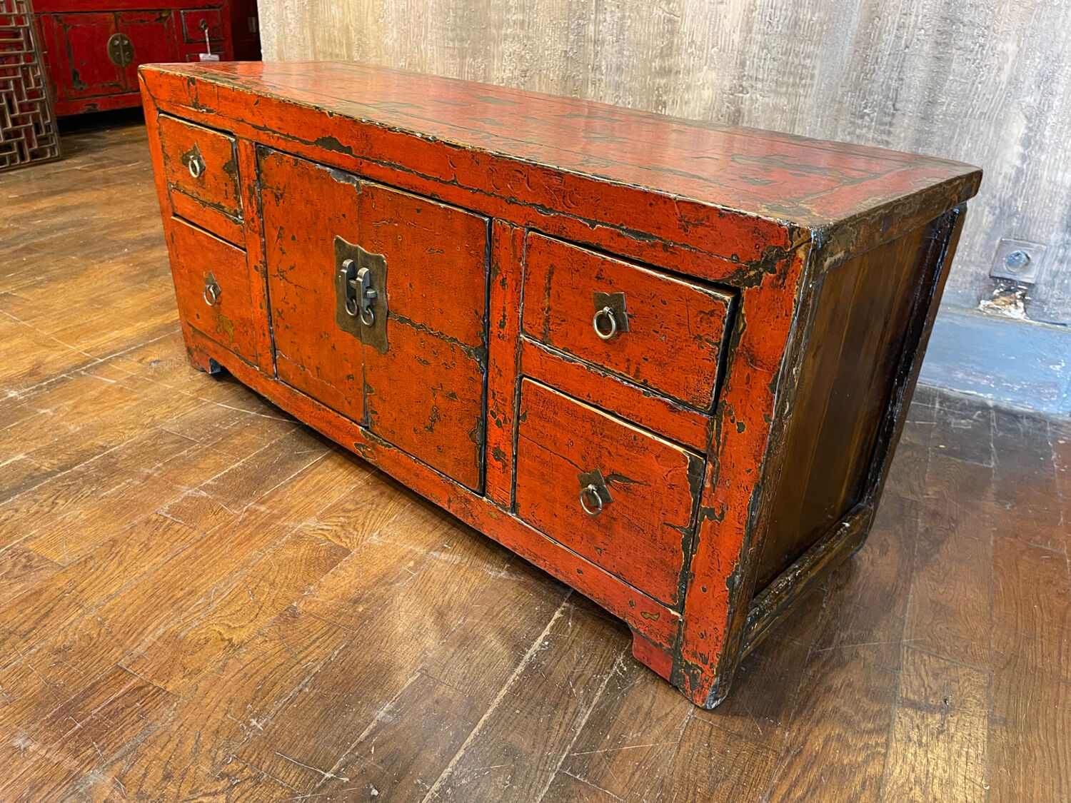 Chinese antique low cabinet 4 drawers + 2 doors