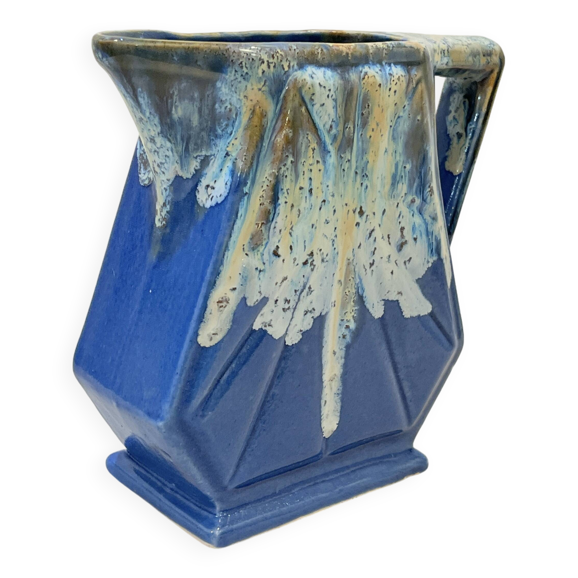 Large vintage art deco pitcher alpho in fat lava blue ceramic vase signed