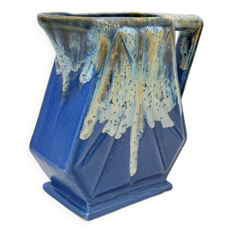Grand pichet art déco vintage alpho en céramique fat lava bleu vase signé
