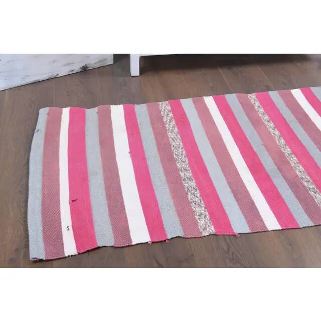 Vintage Turkish Hand-Knotted Wool Cotton Pink Kilim Runner Rug 72x172
