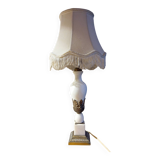 Lampe de salon rétro 1950 albâtre / laiton abat jour soie ecru