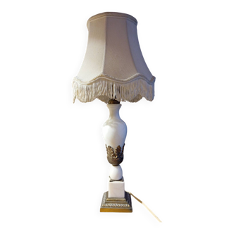 Lampe de salon rétro 1950 albâtre / laiton abat jour soie ecru