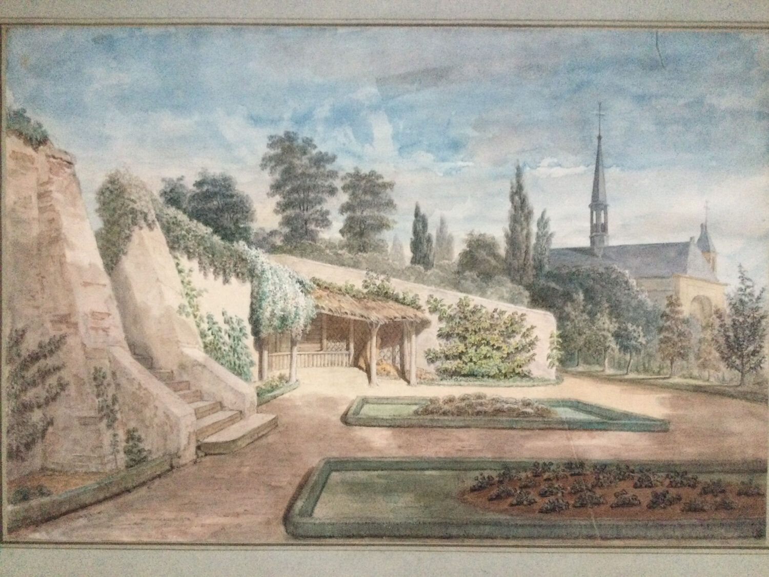 The garden of the abbey. Watercolour 19th century monogrammed.