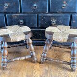 Pair of low stools - vintage wood and straw