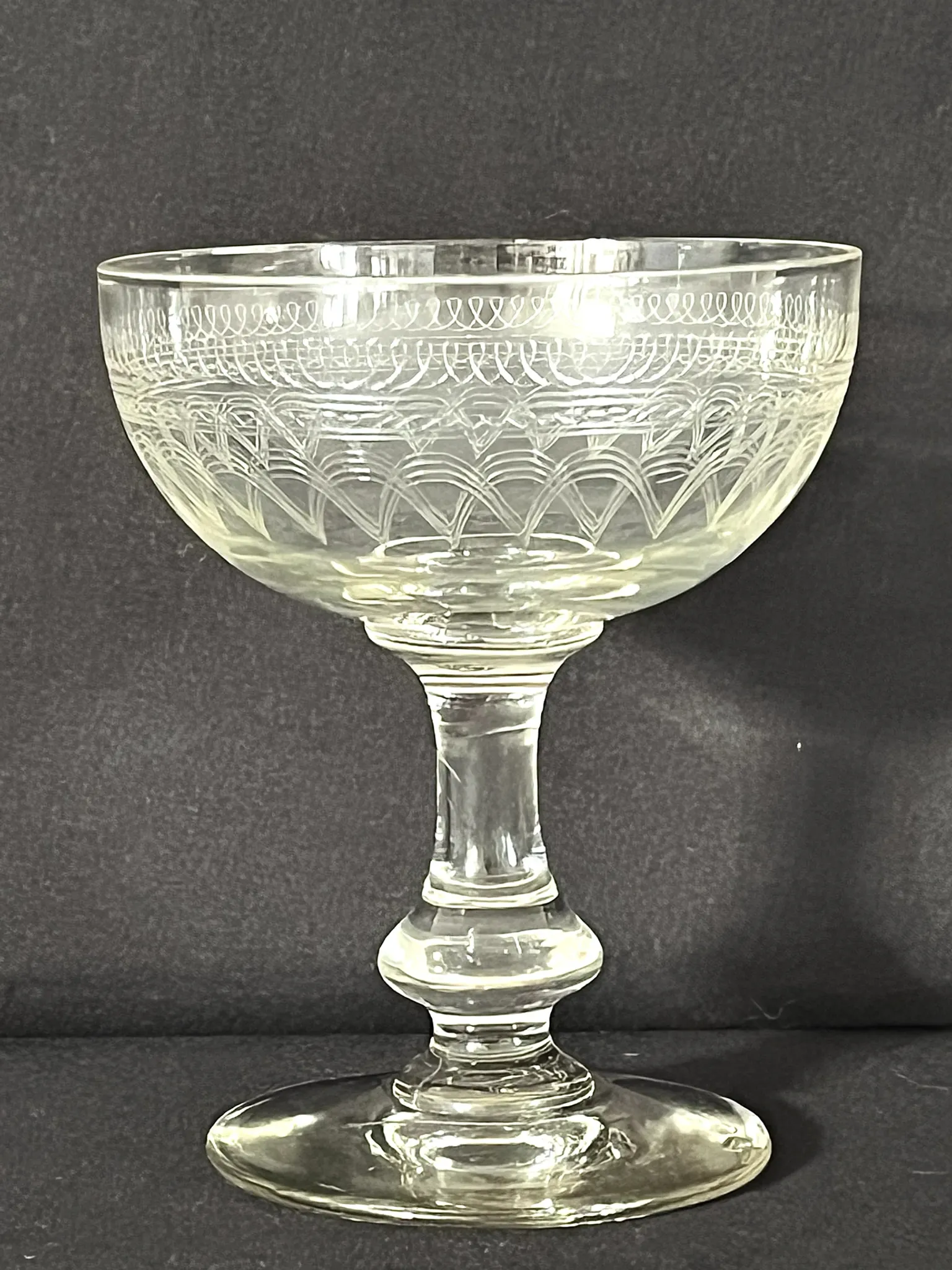Champagne Coupes – Set of 6 Antique Hand Engraved Art Deco Stemware
