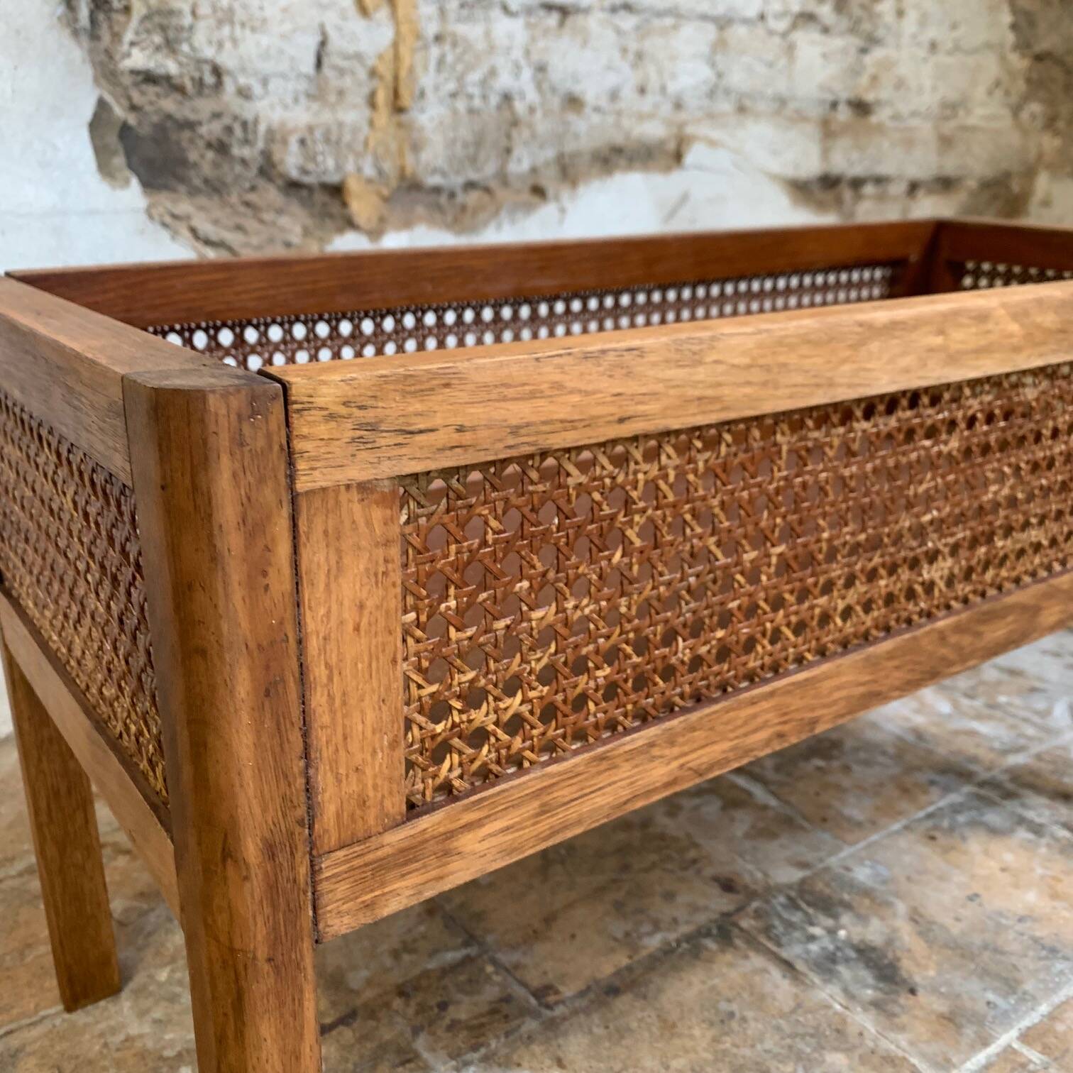 Vintage wooden and cane planter