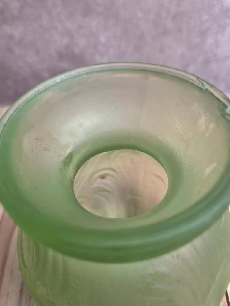 Small Art Deco round vase in moulded green pressed glass – relief decoration