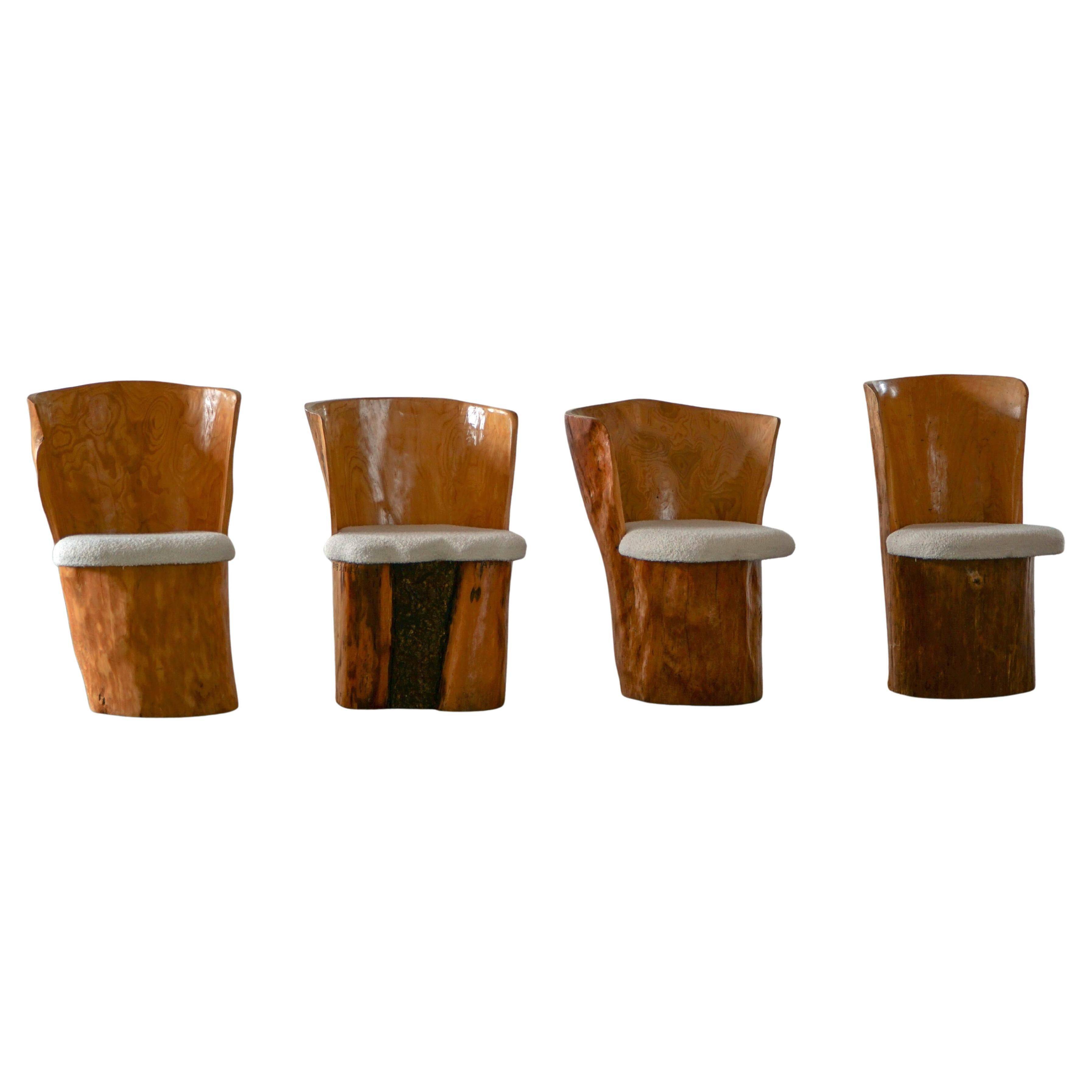Swedish modernity, set of four stump chairs, solid Wood Wood with boucle seats, 1960s.