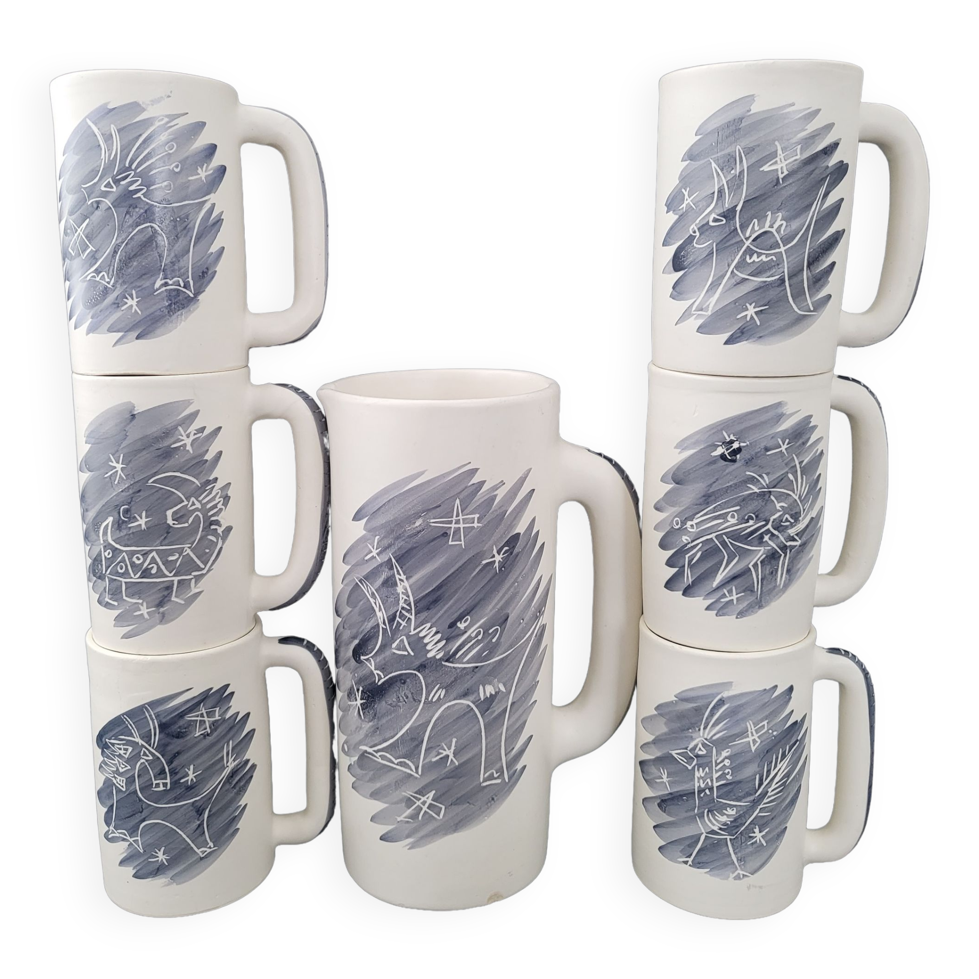 Pitcher and 6 vintage mugs 1950