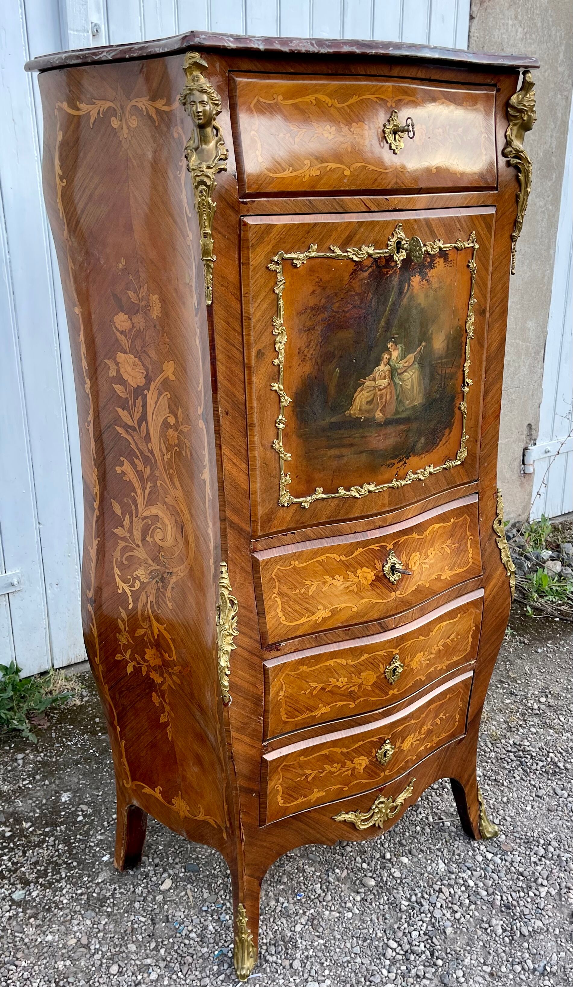 Secretary louis XV curved, varnish Martin, marquetry