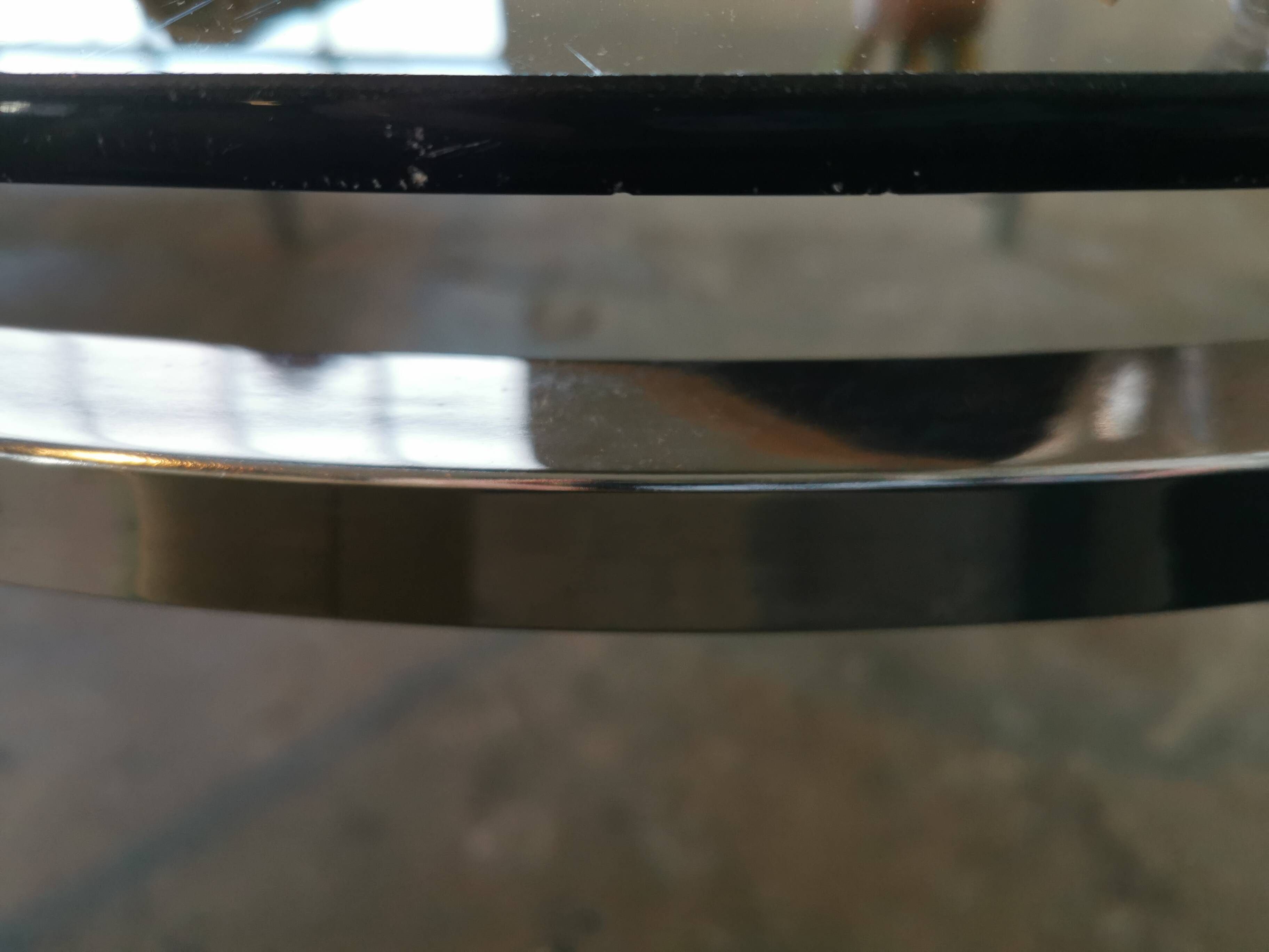 Round coffee table, chrome and smoked glass